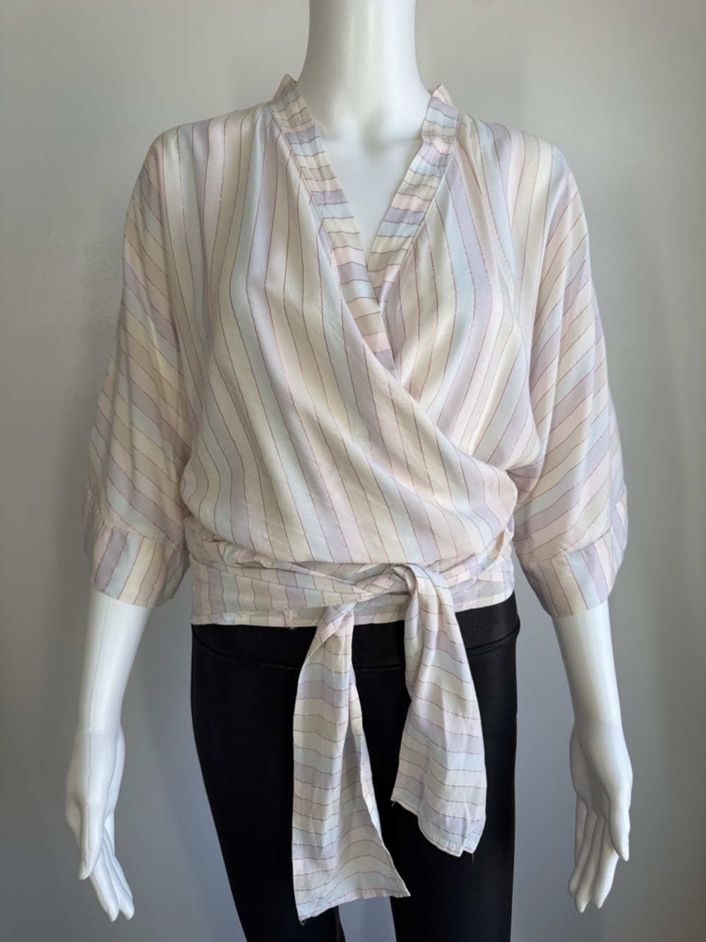 Self Contrast Striped Wrap Blouse Tie Waist Pastel Small NWT